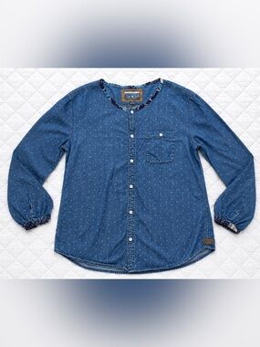 Billabong Indigo Collection Chambray Paisley Print Button Front Blouse Large